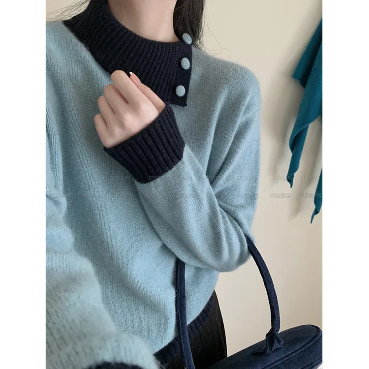 撞色高领套头软糯针织毛衣女秋冬新款宽松显瘦百搭舒适设计感上衣