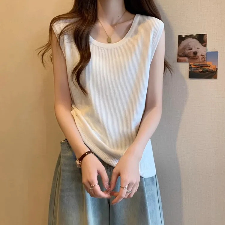 大码遮肚子冰丝针织吊带背心女夏季宽松显瘦U领无袖内搭打底上衣