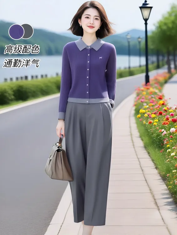 轻奢高端小个子套装女撞色翻领针织开衫+松紧腰九分裤两件套秋季