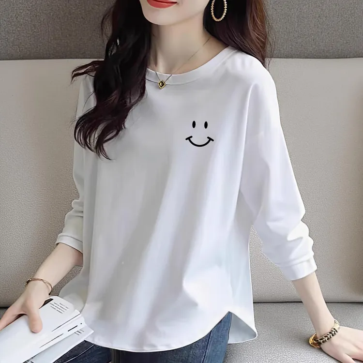 纯棉长袖t恤女2025年宽松韩版大码女装不规则白色打底衫春秋上衣