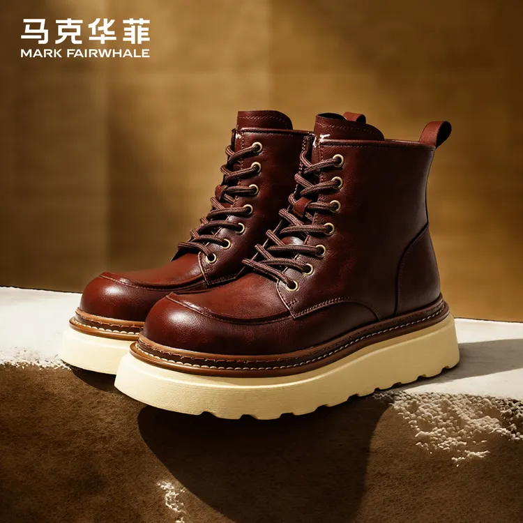 马克华菲马丁靴爆款2025新款冬季男鞋增高皮靴男士靴子流行工装靴