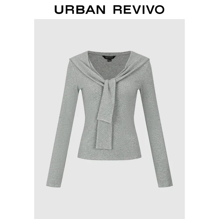 UR2026春季新款女装都市设计感系带V领修身T恤UWU450038