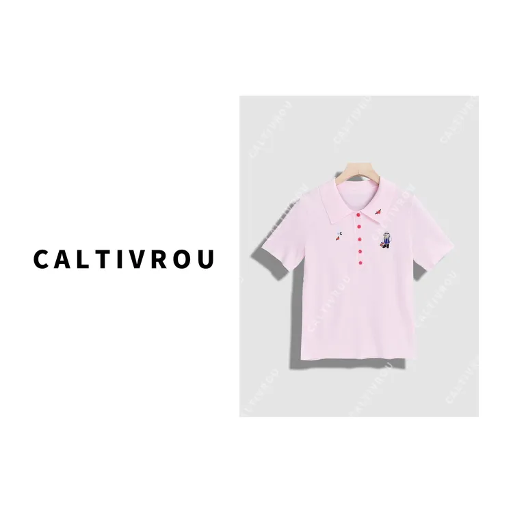CaltivrouPolo领小熊刺绣百搭短袖T恤-Y16971