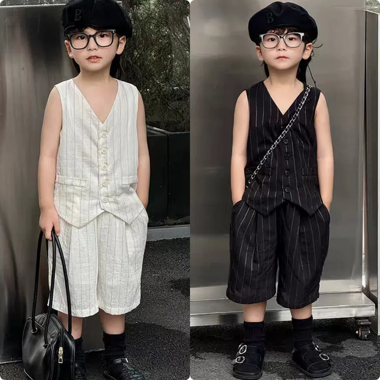 男童夏季套装2025童装新款儿童帅气时髦短袖痞帅马甲短裤两件套潮