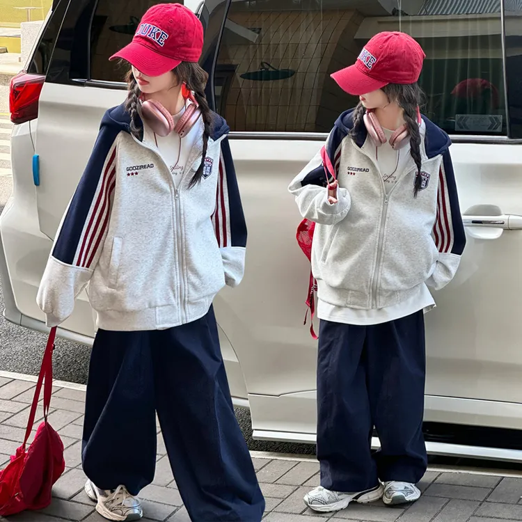 女童套装秋季休闲新款儿童运动春秋连帽拼接中大童宽松直筒裤子潮