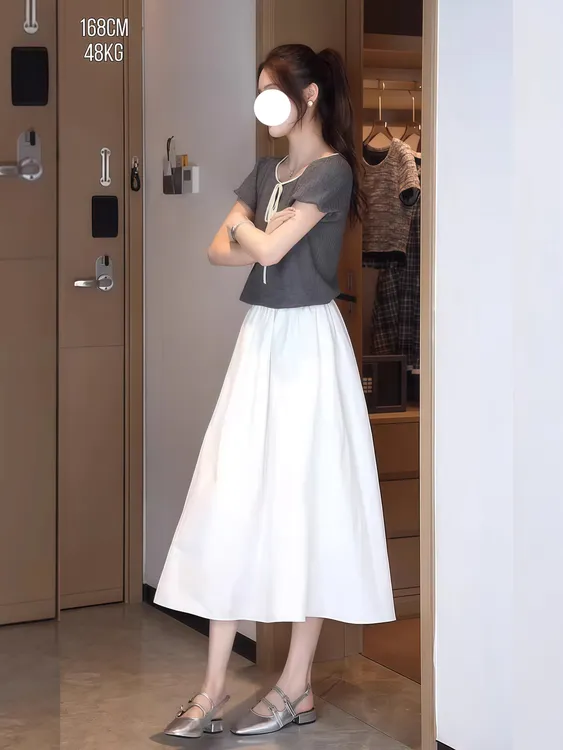 张元一同款女装韩系小香风洋气白色针织衫气质百搭中长款系带上衣