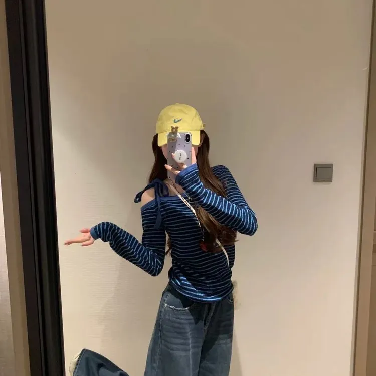 美式蓝色条纹斜肩绑带修身显瘦甜辣妹简约休闲短上衣多巴胺长袖辉