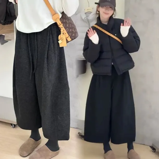 复古加绒加厚九分裤阔腿裤女2025冬新款宽松小个子显瘦宽松休闲裤