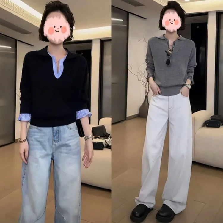 早春新款洋气休闲拼接V领针织衫+牛仔裤两件套闲独特上衣阔腿裤女