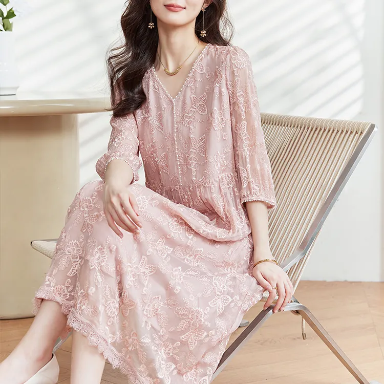 E5219刺绣宽松显瘦衣服真丝裙子女洋气减龄桑蚕丝连衣裙