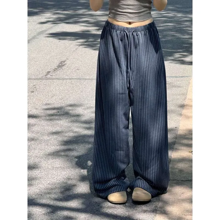 【前300单立减30】定制秋冬款条纹阔腿直筒高腰显瘦慵懒垂感拖地