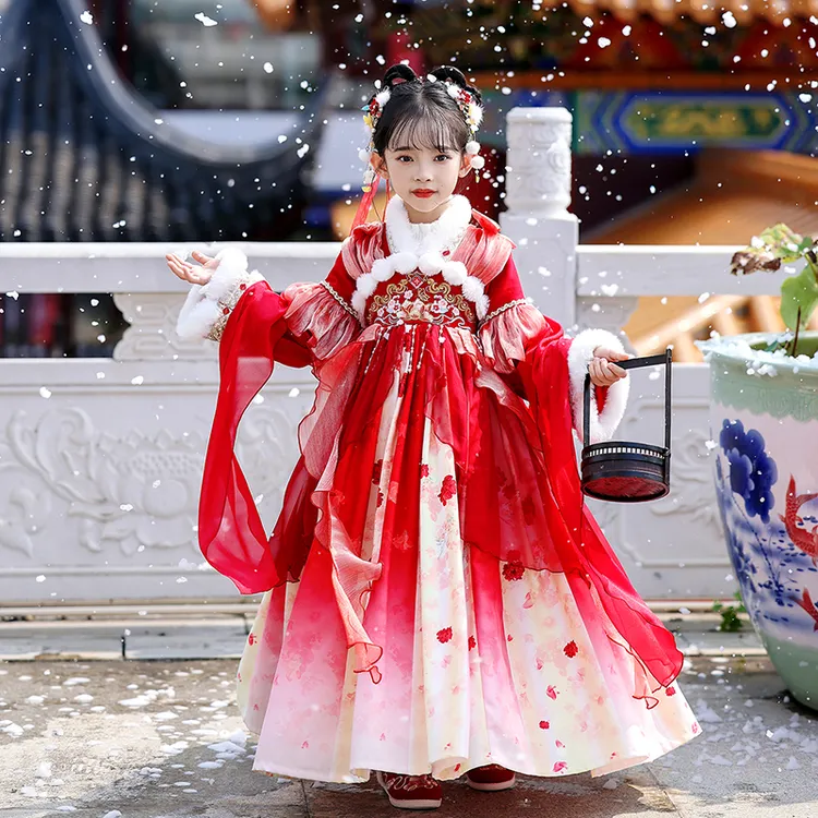 hls8803女童汉服冬季加绒古装拜年服女孩国风裙子儿童加厚连衣裙