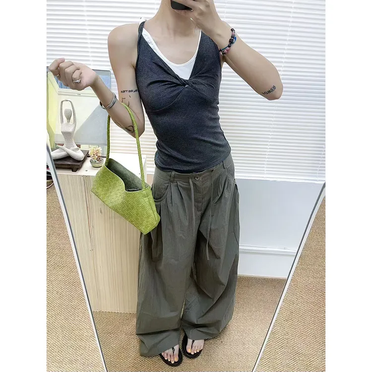 松弛感大裤腿薄款工装休闲裤女显瘦弯刀裤21696