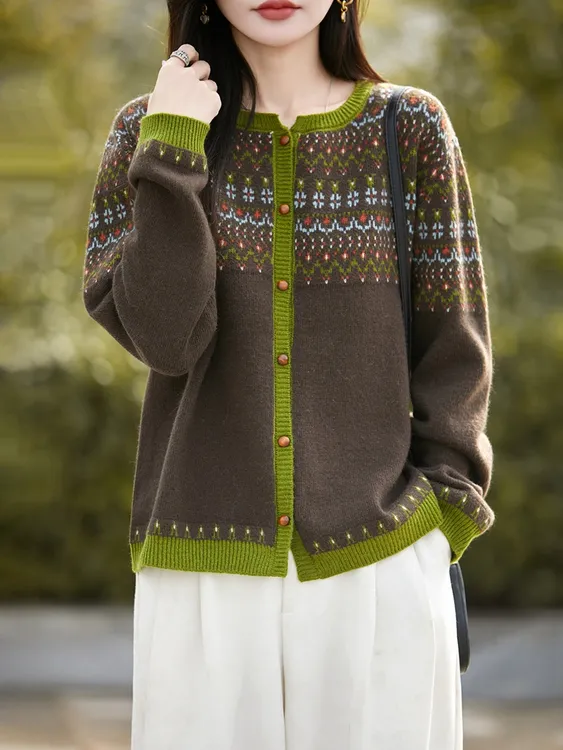 撞色圆领加厚浣熊绒提花针织开衫复古撞色软糯外套