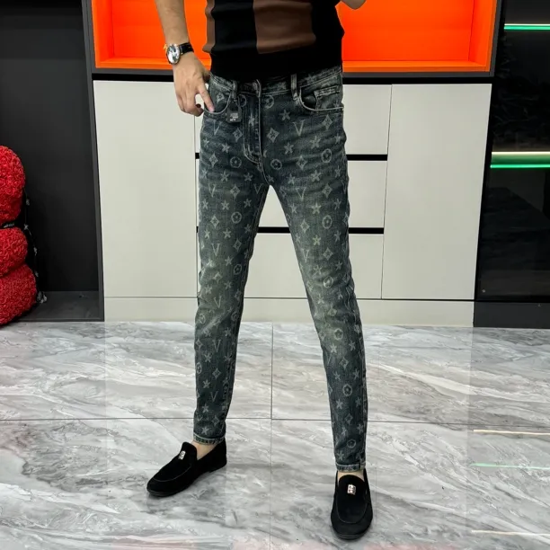 高奢男士秋冬欧货修身小脚牛仔裤印花轻奢提花牛仔裤-7207