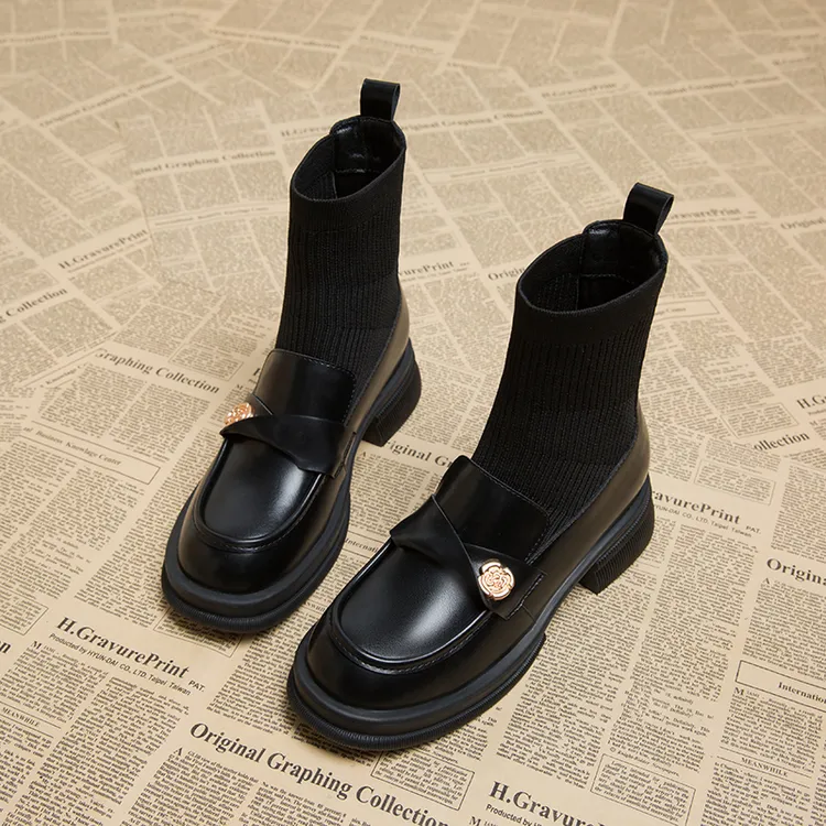 【万达撤柜】粗跟马丁靴女2025新款秋冬针织弹力瘦瘦靴乐福袜靴短靴