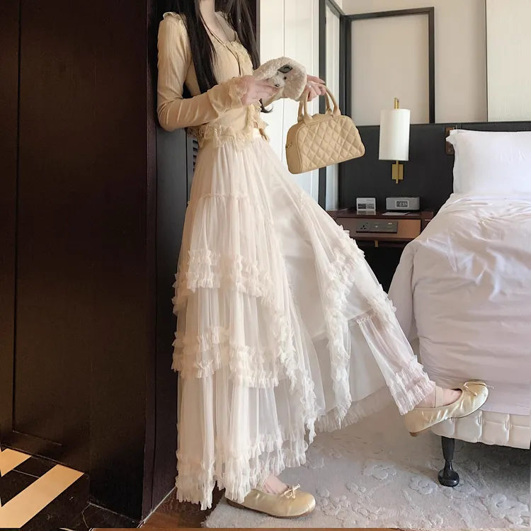 杏色重工网纱蛋糕裙女仙女裙2025秋季新款A字大摆蓬蓬裙蕾丝纱裙