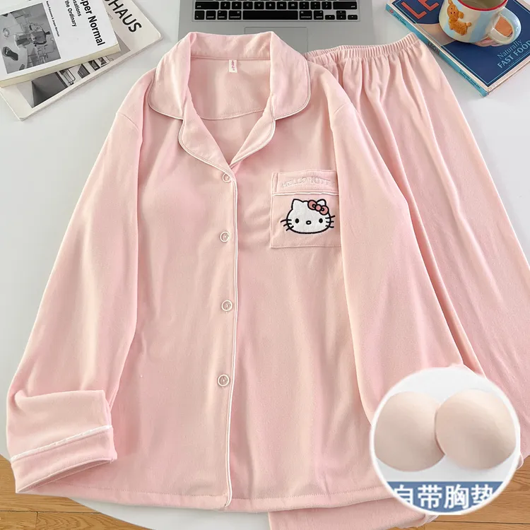 带胸垫德绒Kitty猫睡衣女秋冬季珊瑚加绒加厚甜美可爱少女家居服