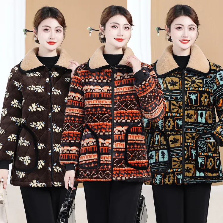 民族风短裙纽扣翻领中老年女装加厚棉服中年老年人气质洋气妈妈装