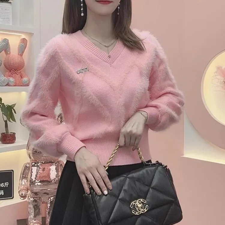 新款春秋温柔时尚V领减龄针织打底修身显瘦洋气百搭保暖女装毛衣