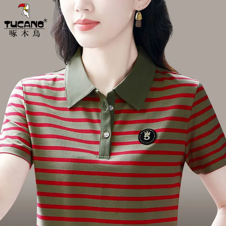 啄木鸟~翻领短袖t恤女夏季2025新款中年妈妈条纹修身上衣夏polo衫