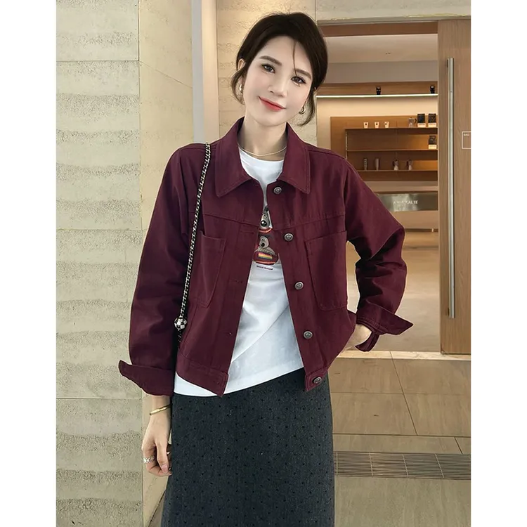 8636安可拉红色牛仔外套女春秋2025新款超好看短款休闲夹克上衣