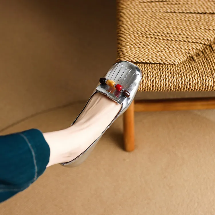 牛羊皮~1.5cm法式绝美真皮银色流苏浅口平底单鞋方头一脚蹬低跟鞋