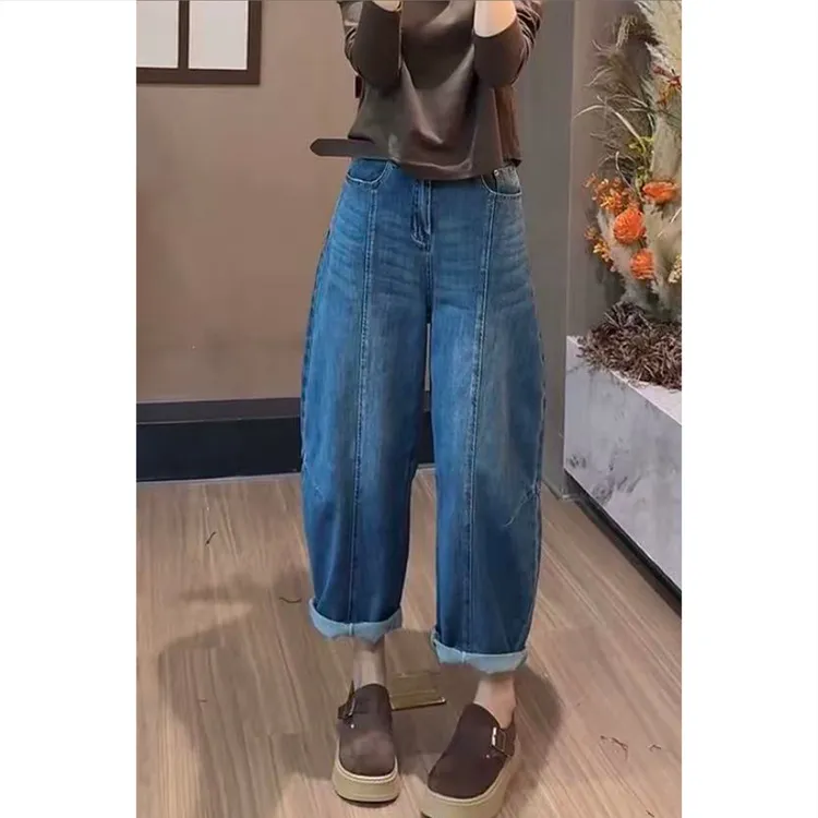 艾塔莉早秋弯刀裤中腰牛仔裤宽版阔腿裤秋季卷边裤子九分裤百搭女