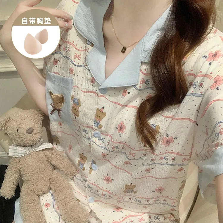 夏季爆款带胸垫卡通小熊睡衣女款2025新款短袖短裤家居服两件套装
