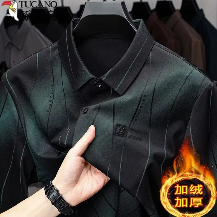 啄木鸟冬季高端加绒加厚长袖衬衫男士商务休闲印花免烫保暖衬衣男