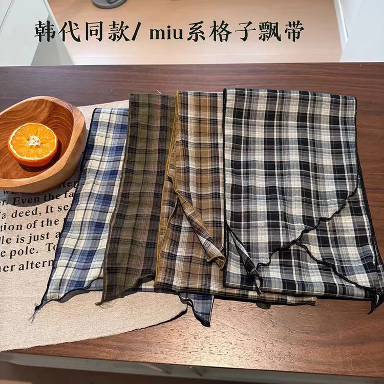 韩代同款~春秋季复古文艺格子小领巾美拉德棉质日系围巾百搭围脖