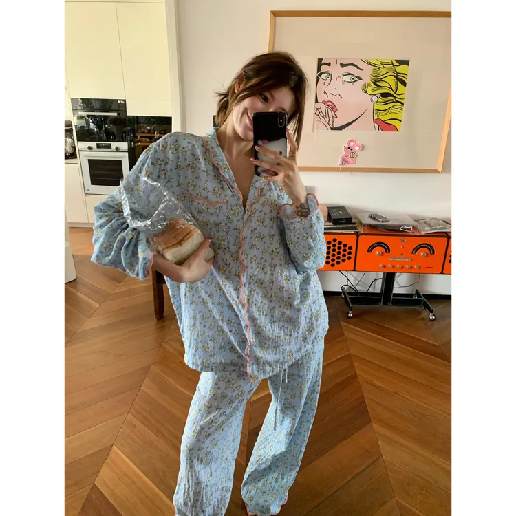 春秋季新款甜美可花边爱卡通图案睡衣女长袖长裤家居服套装可外穿