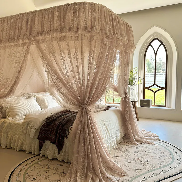 双层轻奢-法式U型导轨公主风蕾丝双层帐纱三开门蚊帐床幔家用卧室