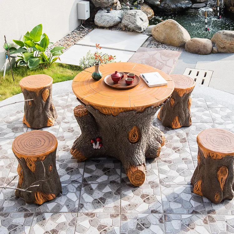 新款中式休闲仿树桩户外露天阳台庭院公园圆桌凳简约茶桌防水防晒