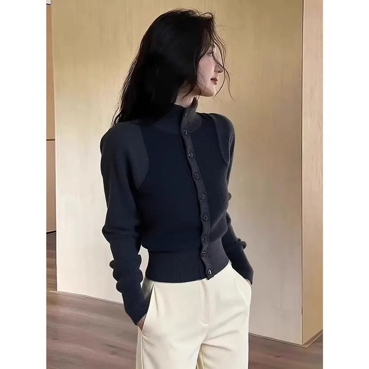 修身内搭高领针织开衫女秋冬巨好看灰色毛衣外套收腰长袖上衣打底