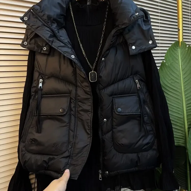 欧货黑色气质百搭棉服马甲女士2025秋冬季新款保暖加厚连帽外套