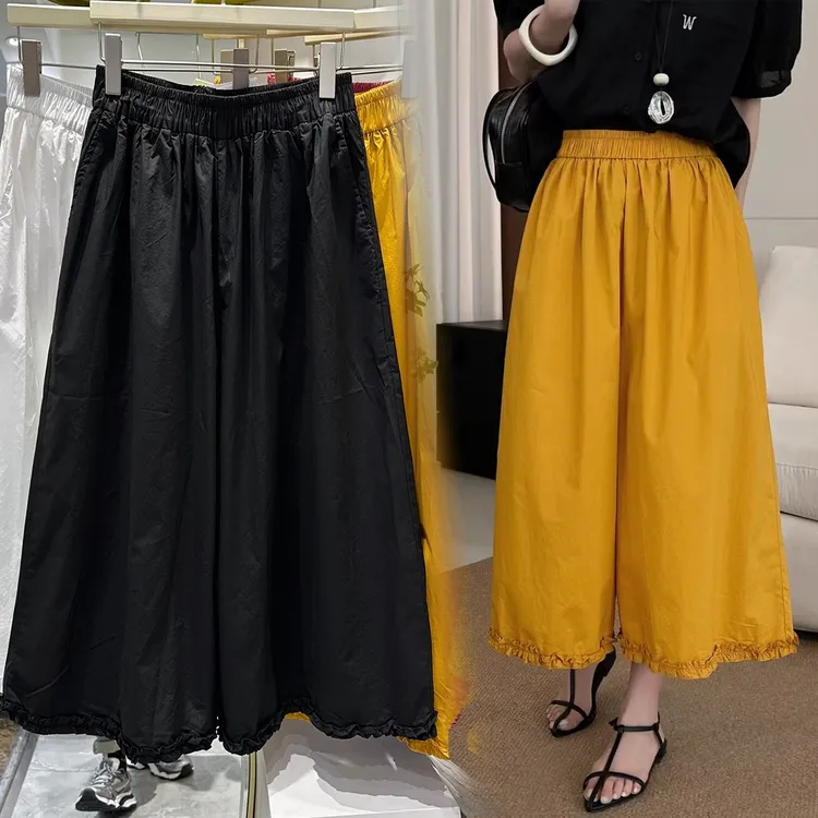 韩系2025夏薄款洋气木耳花边裙裤八分阔腿裤女加肥显瘦速干休闲裤
