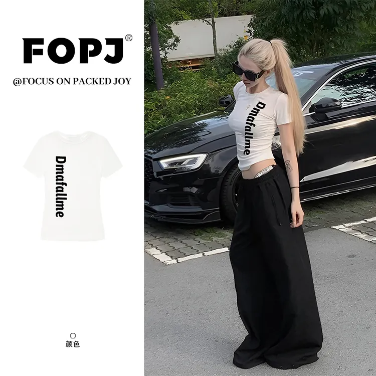 FOPJ美式甜辣妹白色正肩短袖t恤女夏季新款简约百搭修身显瘦上衣