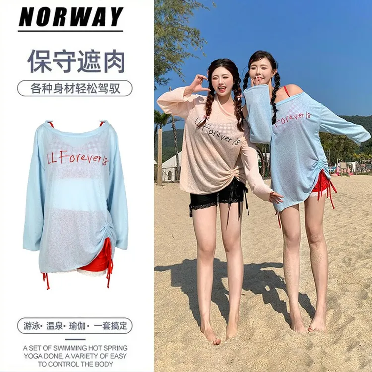 宽松罩衫分体格子三件套泳衣女大码胖mm遮肚肉显瘦泡温泉微胖女孩