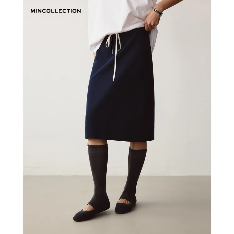 DE Mincollection藏蓝半裙/缪系简约运动休闲风系带半身裙40461