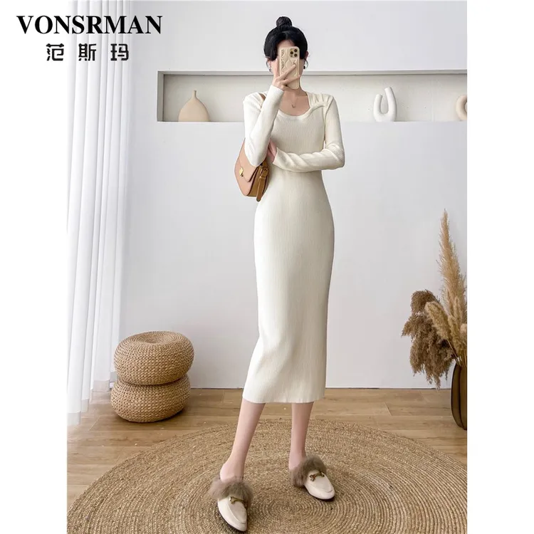 VONSRMAN法式修身连衣裙女2025新款秋冬时尚高级感包臀气质打底裙
