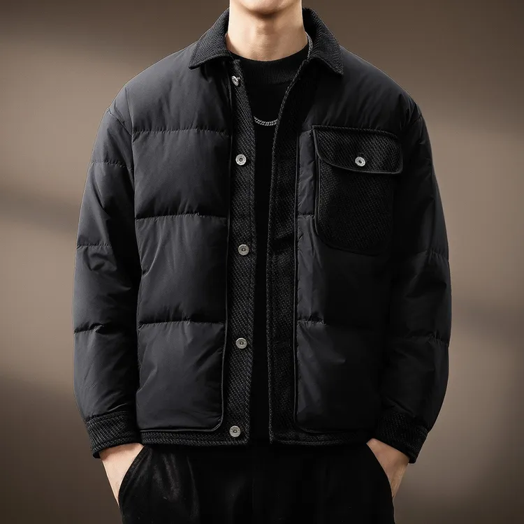 高端美式轻薄拼接设计感羽绒服大码男秋冬大气翻领保暖高级外套男