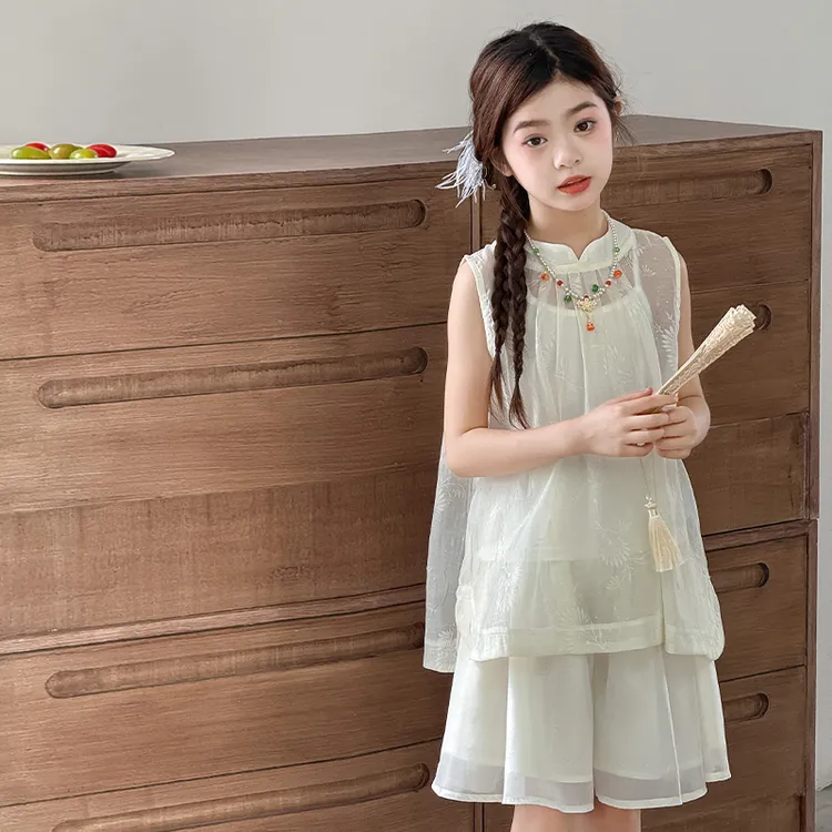 女童夏季新中式套装2025新款儿童国风轻纱背心吊带裙裤三件套洋气
