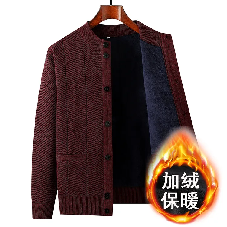 新款冬季中老年男士加绒加厚开衫爸爸休闲圆领针织衫父亲保暖外套