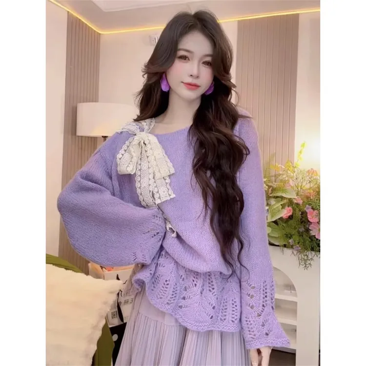 设计感蕾丝蝴蝶结镂空针织打底衫女秋季大码胖MM显瘦宽松百搭毛衣