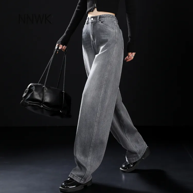 加绒休闲牛仔裤女2025灰色极简风弯刀裤秋冬宽松阔腿镰刀裤香蕉裤