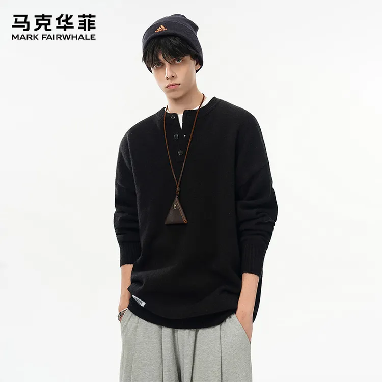 马克华菲冬季纽扣圆领套头卫衣休闲男士韩版时尚百搭简约宽松毛衣