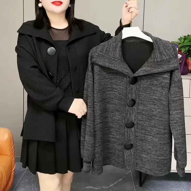 秋冬新款大码女装显瘦遮肉海军领大纽扣开衫外套851