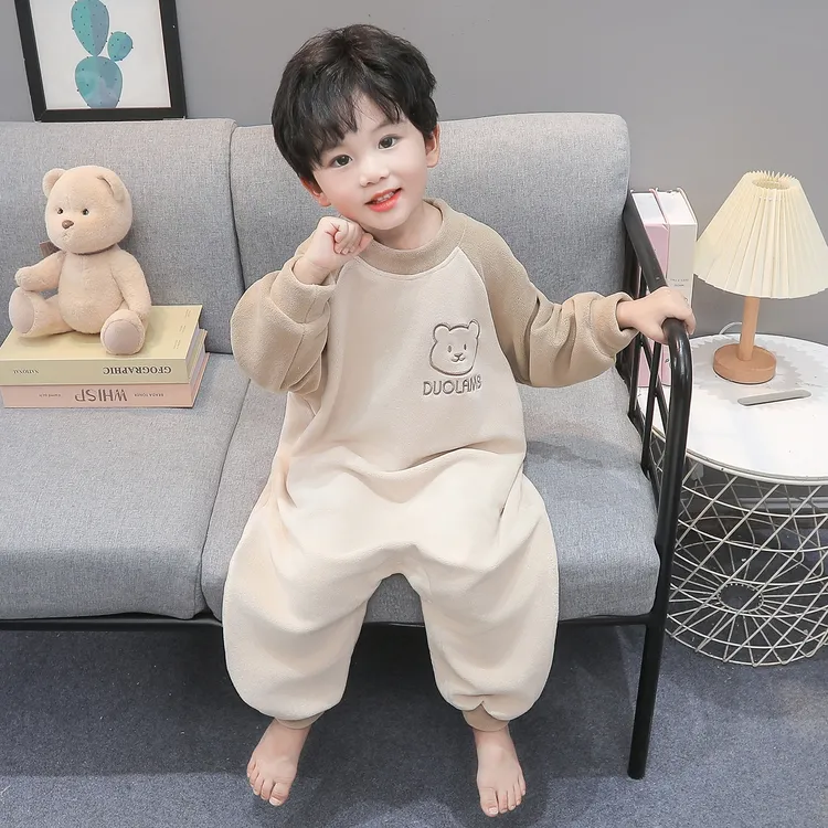 儿童连体睡衣奥粒绒秋冬季男孩宝宝加绒法兰绒家居服护肚睡袋爬服