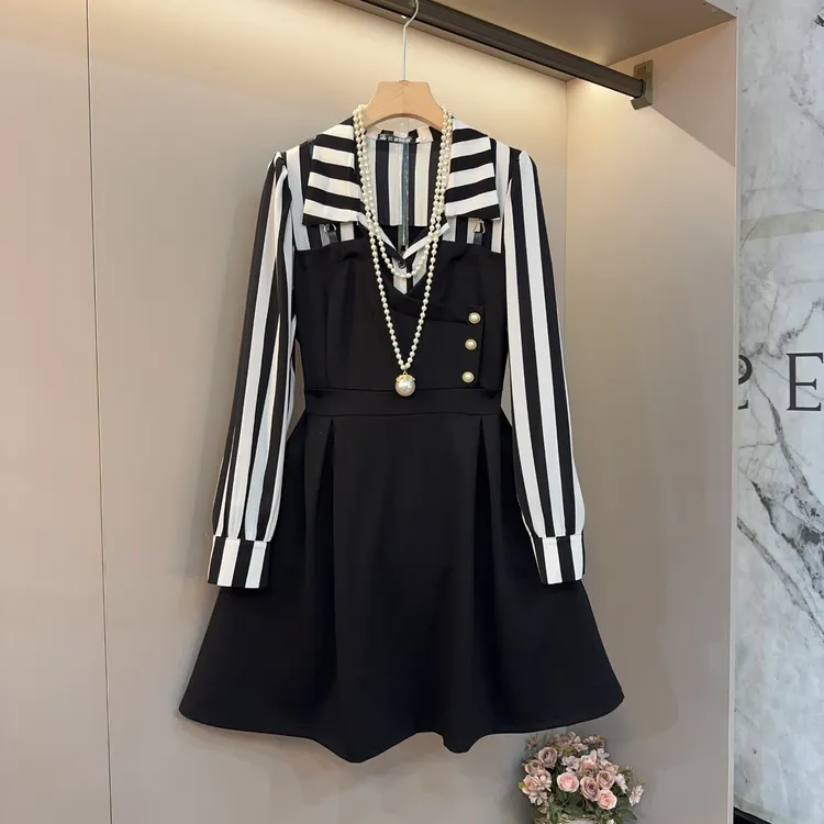 翻领大码女装2025胖MM长袖衬衫拼接小香裙早春新款假俩件连衣裙